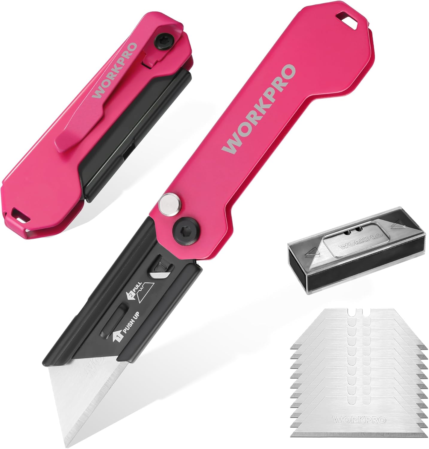 WORKPRO 2PCS EDC Folding Utility Knife. Mini Box Cutter with Quick Open Axis Lock. Quick Change Blade Razor Knife. Foldable Small Pocket Knife with Belt Clip. 2 Packs with 10 Extra Blades
