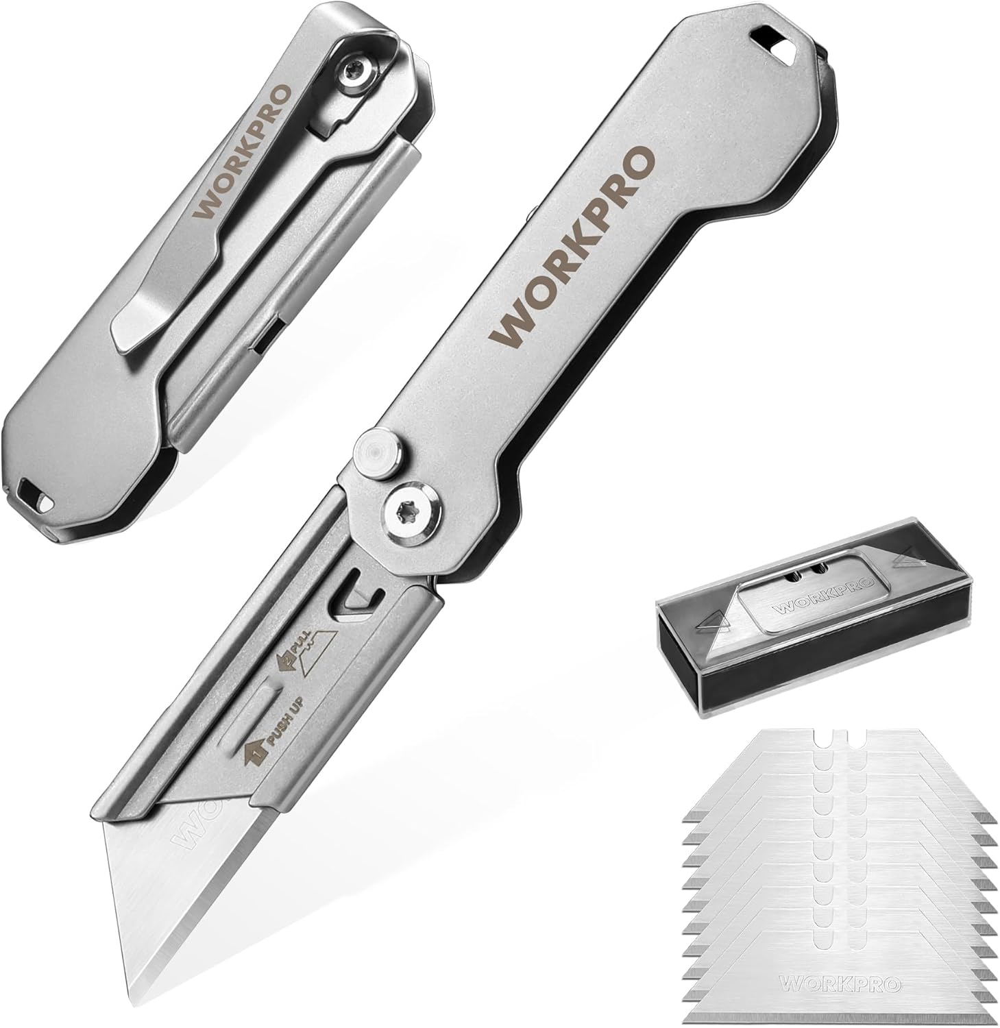WORKPRO 2PCS EDC Folding Utility Knife. Mini Box Cutter with Quick Open Axis Lock. Quick Change Blade Razor Knife. Foldable Small Pocket Knife with Belt Clip. 2 Packs with 10 Extra Blades