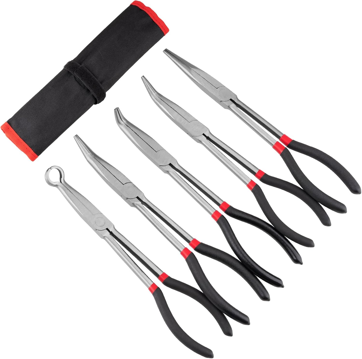 5Pcs Bent Nose Pliers 11 Inch Extra Long Needle Nose Pliers Set. Straight. 25¡ã/45¡ã/90¡ã Bent. Circle Nose for Narrow Spaces. Hard to Reach Areas & Precision Work