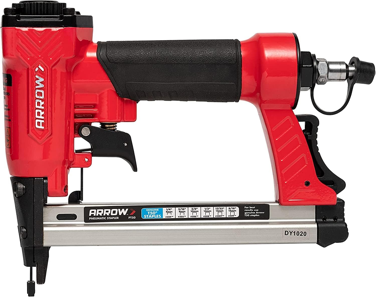 Arrow PT50 Oil-Free Pneumatic Staple Gun. Professional Heavy-Duty Stapler for Wood. Upholstery. Carpet. Wire Fencing. Fits 1/4. 5/16. 3/8. 1/2. 9/16 Staples . Red