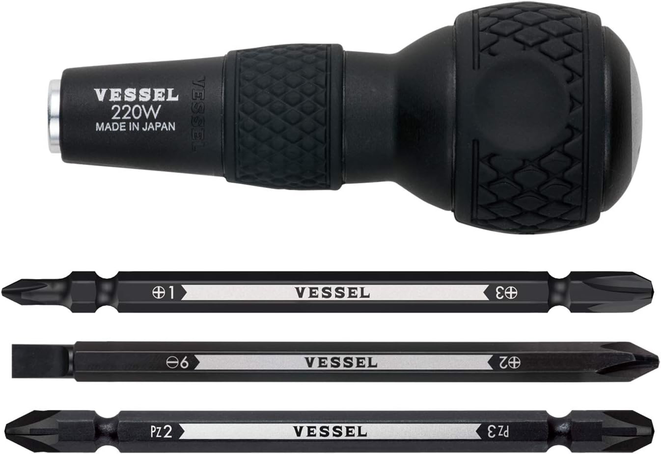 VESSEL BALL GRIP 1/4 Hex. Bit Interchangeable Screwdriver (Bit 3PC. (+1. +3 / +2. -6 / PZ2. PZ3) SET. 220W3J1)