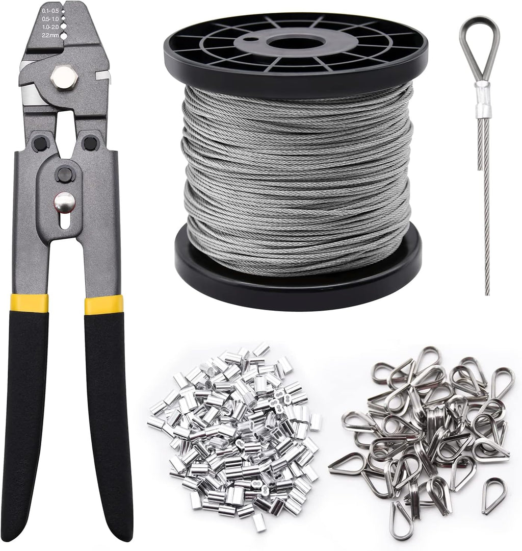 328ft Wire Rope Crimping Tool Kit. Stainless Steel Wire Rope Cable with Aluminum Crimping Sleeves and Stainless Steel Thimbles for Railing. Decking. Picture Hanging (328ft)