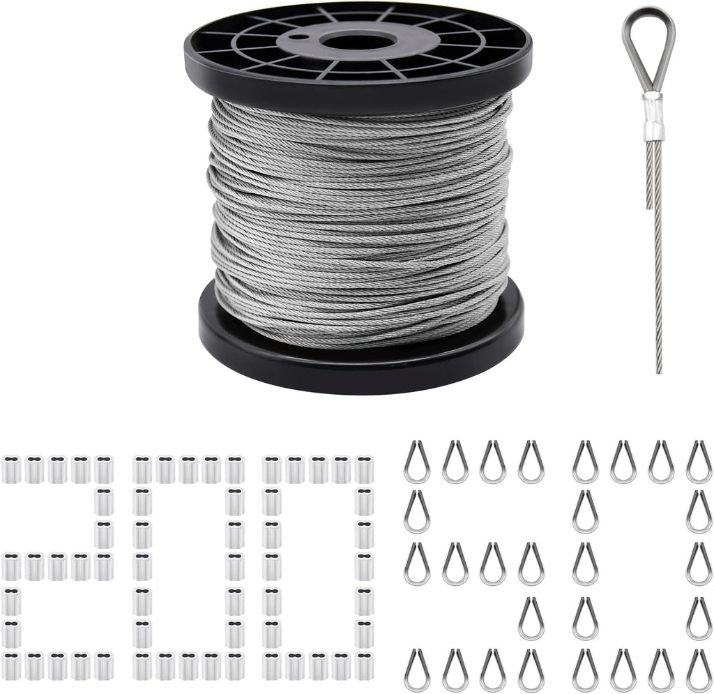 328ft Wire Rope Crimping Tool Kit. Stainless Steel Wire Rope Cable with Aluminum Crimping Sleeves and Stainless Steel Thimbles for Railing. Decking. Picture Hanging (328ft)